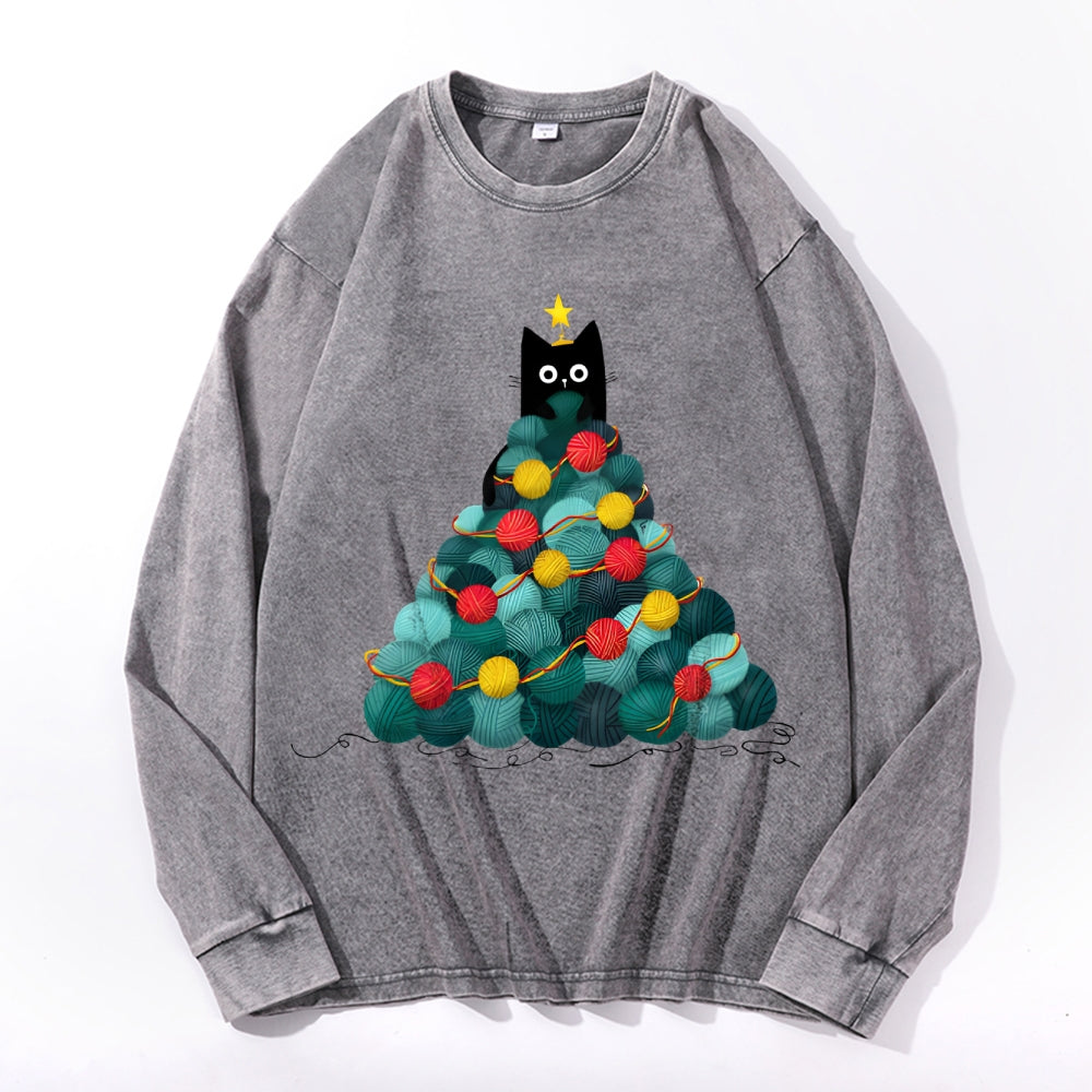 Christmas Yarn Cat Vintage Cotton Wash Crewneck Long-Sleeve T-Shirt