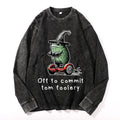 Frog Driving A Balance Car Vintage Cotton Wash Crewneck Long-Sleeve T-Shirt