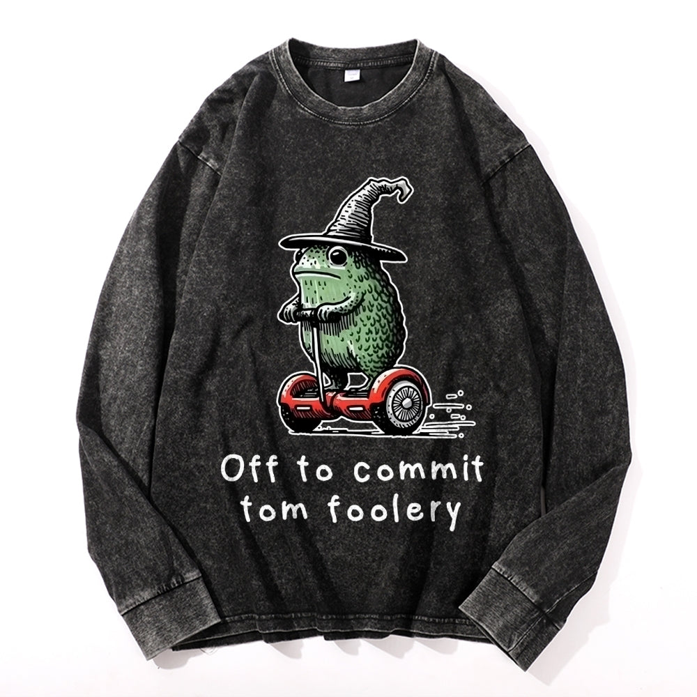 Frog Driving A Balance Car Vintage Cotton Wash Crewneck Long-Sleeve T-Shirt