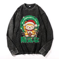 Christmas Lucky Cat Vintage Cotton Wash Crewneck Long-Sleeve T-Shirt
