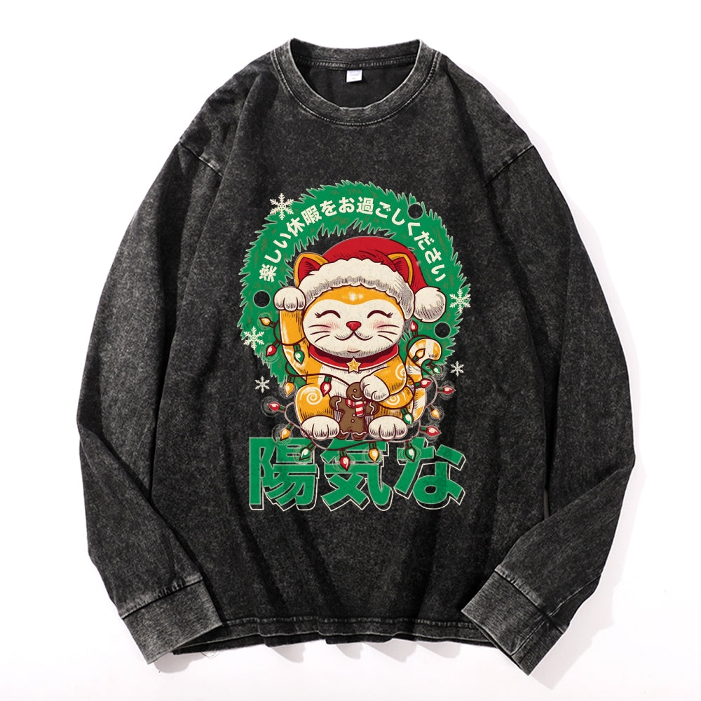 Christmas Lucky Cat Vintage Cotton Wash Crewneck Long-Sleeve T-Shirt