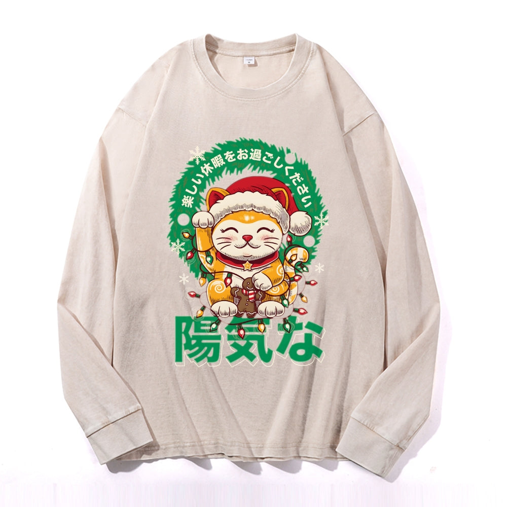 Christmas Lucky Cat Vintage Cotton Wash Crewneck Long-Sleeve T-Shirt