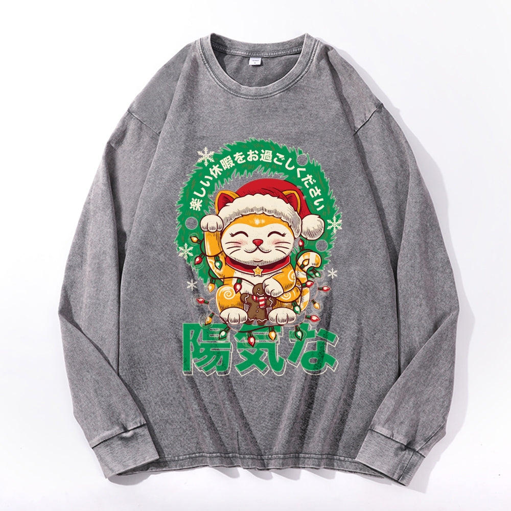 Christmas Lucky Cat Vintage Cotton Wash Crewneck Long-Sleeve T-Shirt