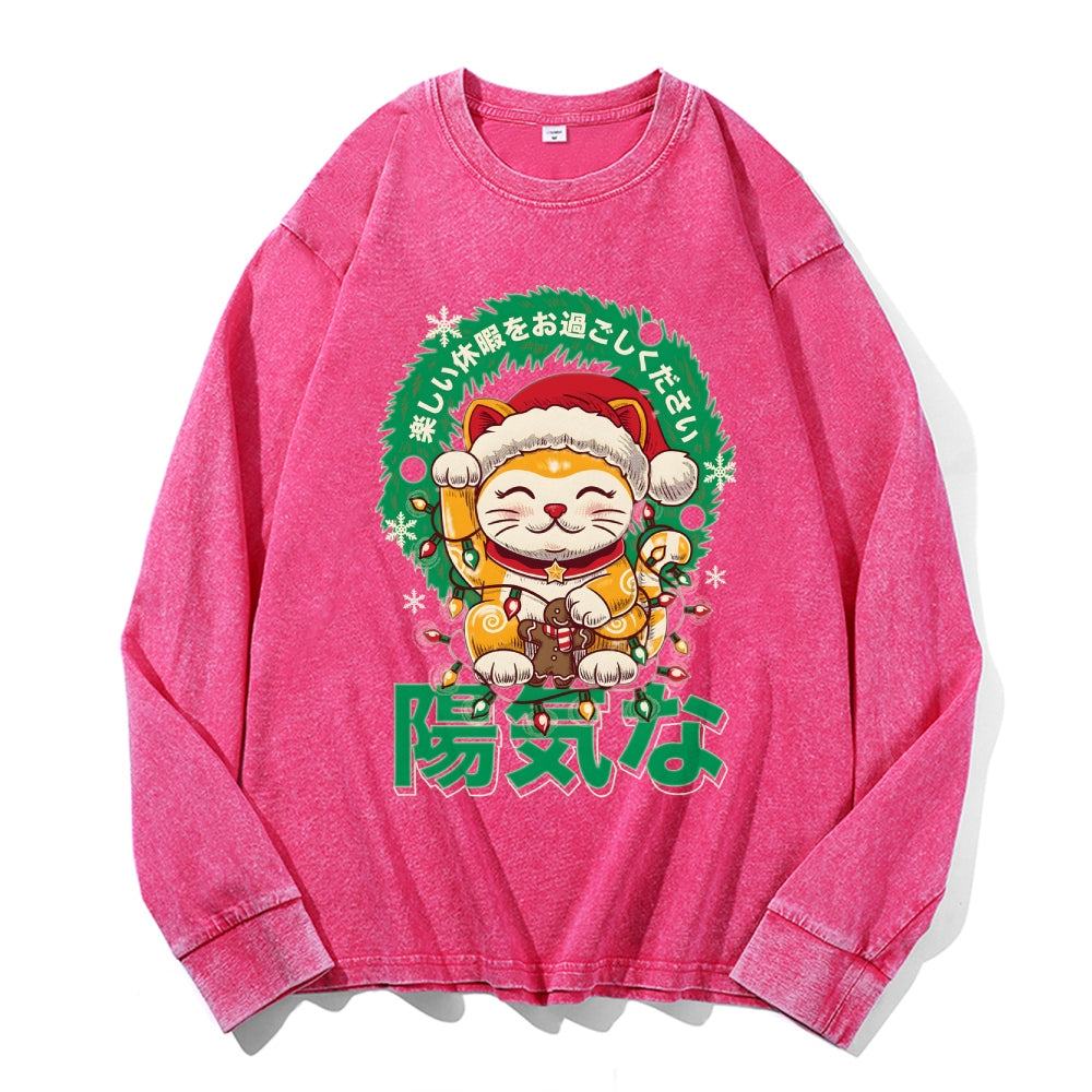 Christmas Lucky Cat Vintage Cotton Wash Crewneck Long-Sleeve T-Shirt