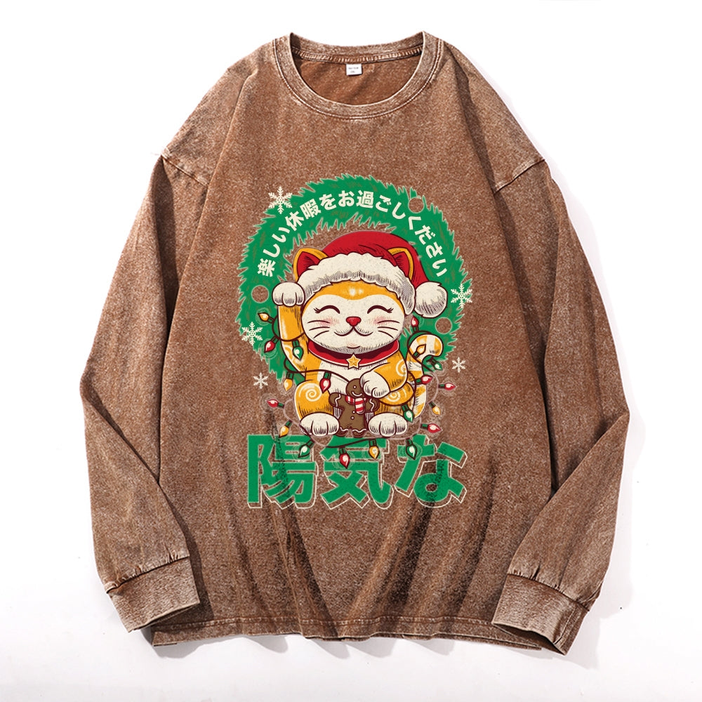 Christmas Lucky Cat Vintage Cotton Wash Crewneck Long-Sleeve T-Shirt