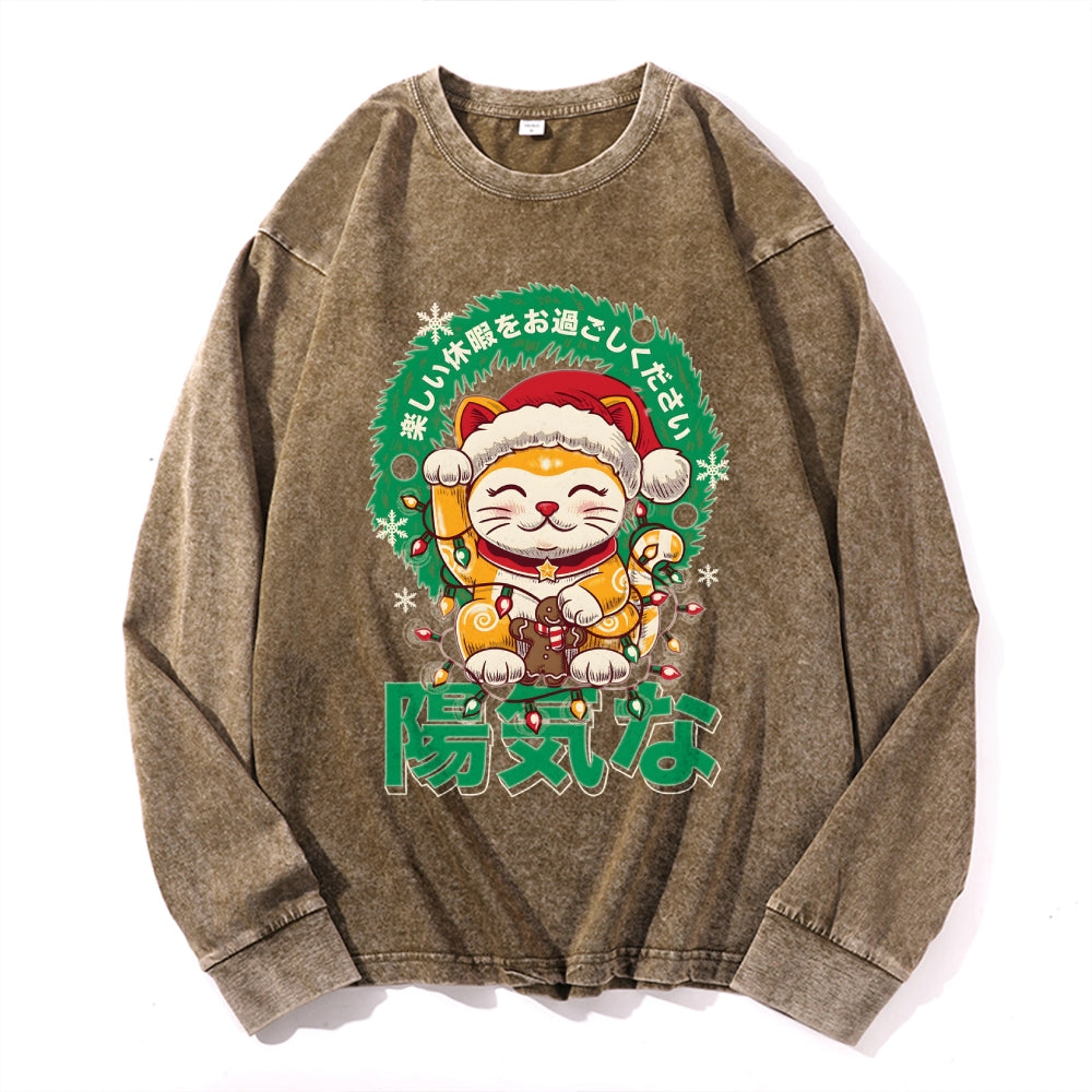 Christmas Lucky Cat Vintage Cotton Wash Crewneck Long-Sleeve T-Shirt