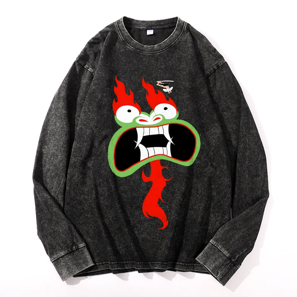 Fire Dragon Vintage Cotton Wash Crewneck Long-Sleeve T-Shirt