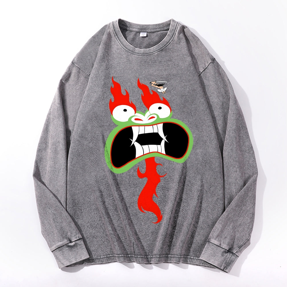Fire Dragon Vintage Cotton Wash Crewneck Long-Sleeve T-Shirt