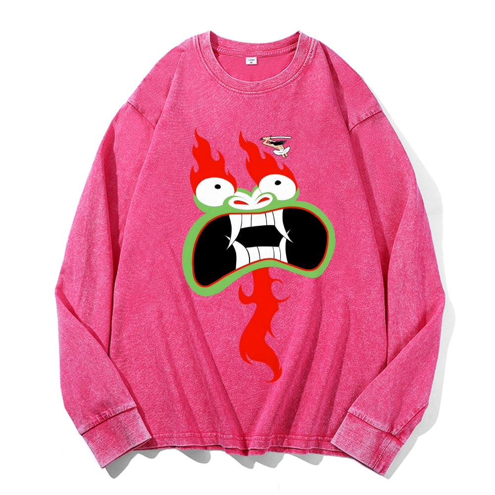 Fire Dragon Vintage Cotton Wash Crewneck Long-Sleeve T-Shirt