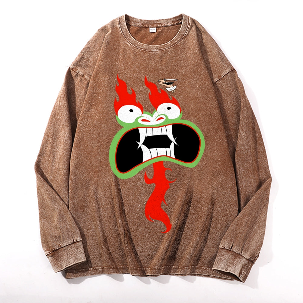 Fire Dragon Vintage Cotton Wash Crewneck Long-Sleeve T-Shirt