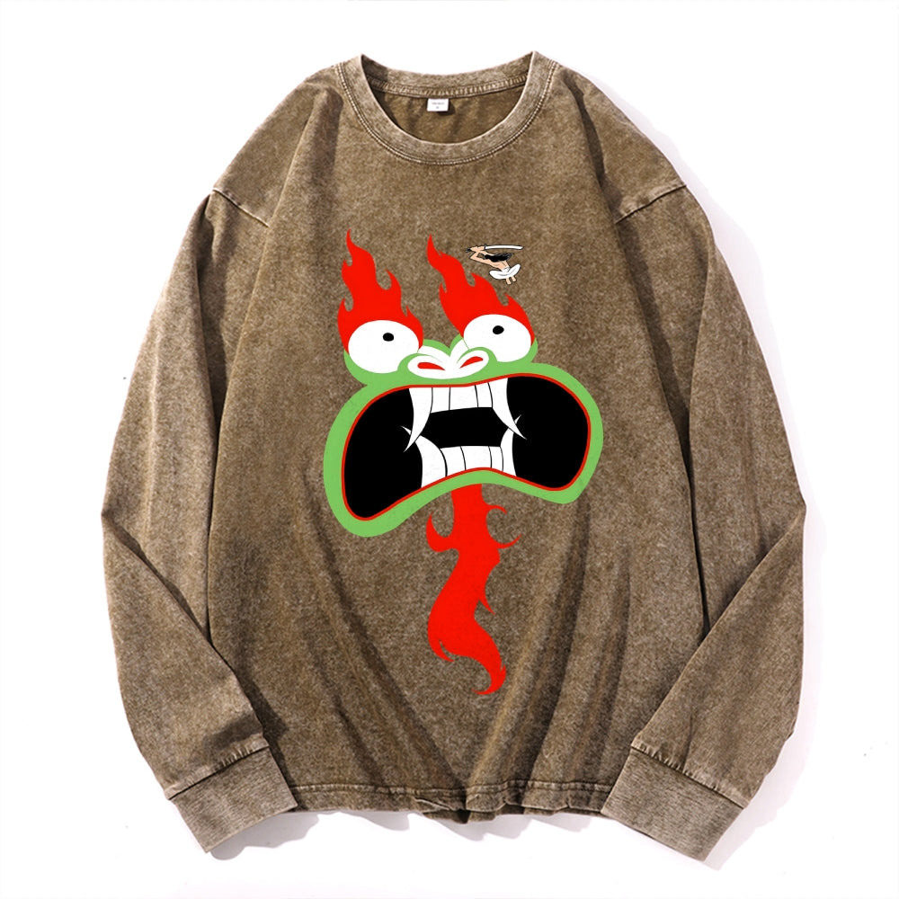 Fire Dragon Vintage Cotton Wash Crewneck Long-Sleeve T-Shirt