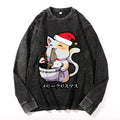 Christmas Cat Eating Ramen Vintage Cotton Wash Crewneck Long-Sleeve T-Shirt