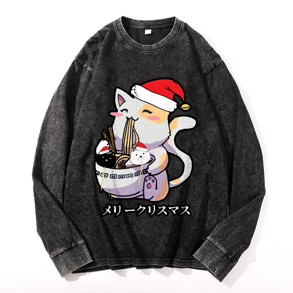 Christmas Cat Eating Ramen Vintage Cotton Wash Crewneck Long-Sleeve T-Shirt