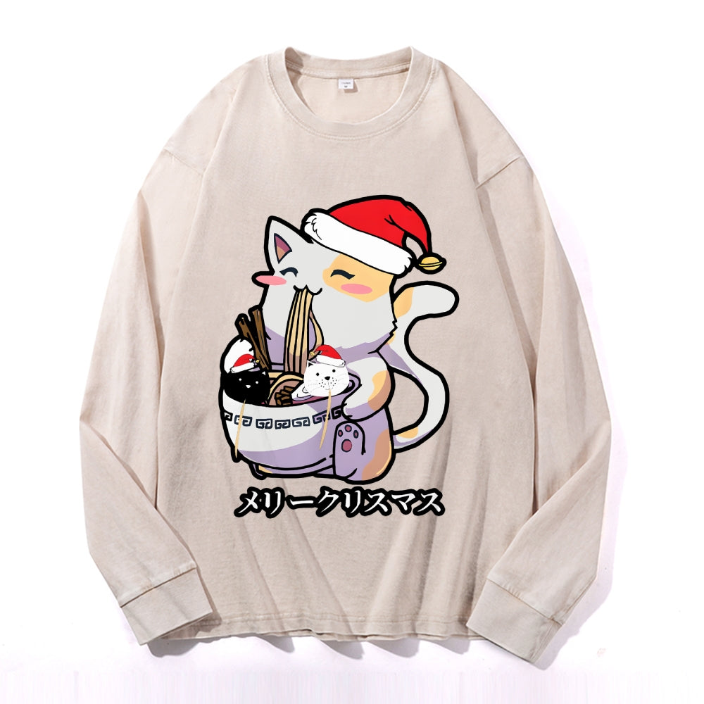 Christmas Cat Eating Ramen Vintage Cotton Wash Crewneck Long-Sleeve T-Shirt