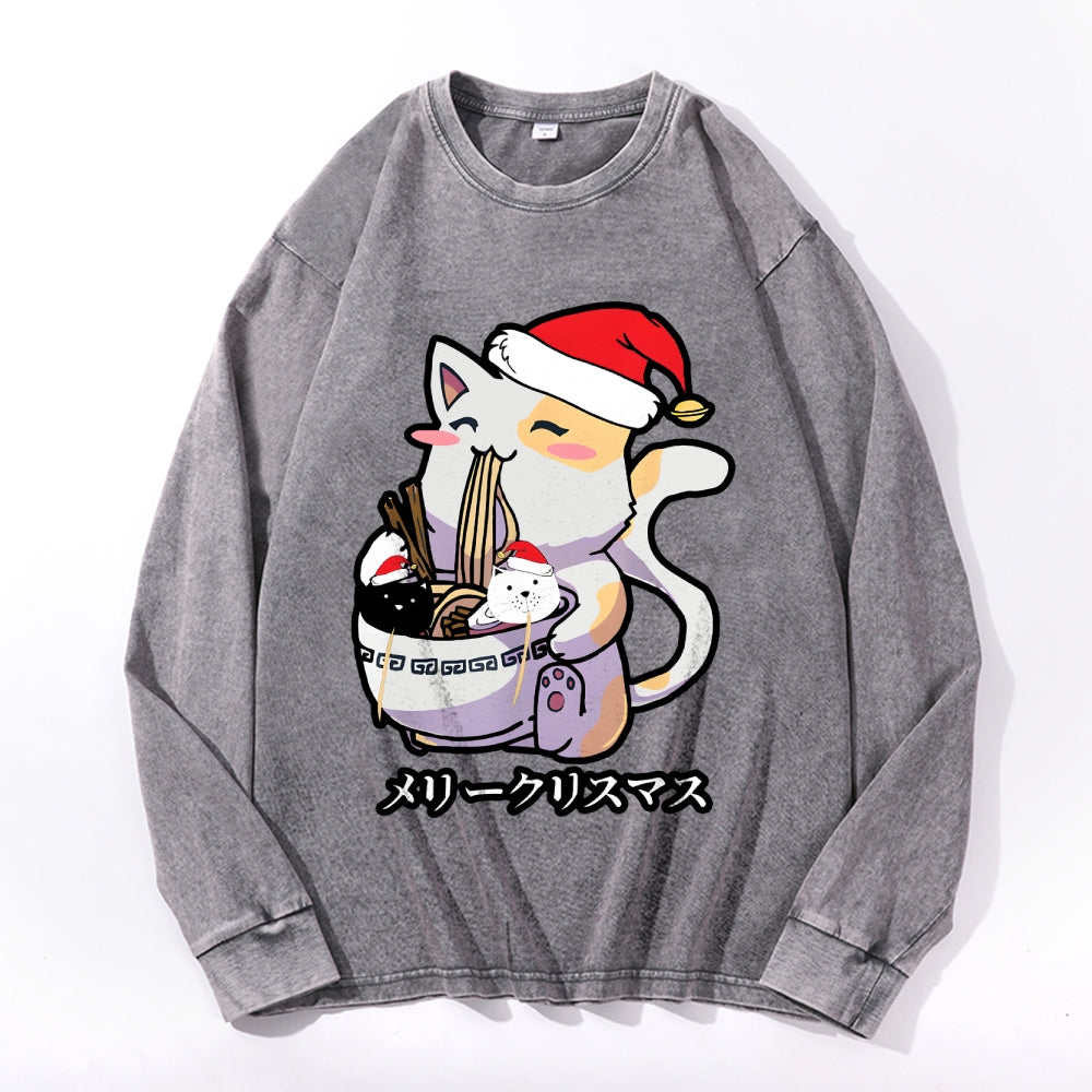 Christmas Cat Eating Ramen Vintage Cotton Wash Crewneck Long-Sleeve T-Shirt