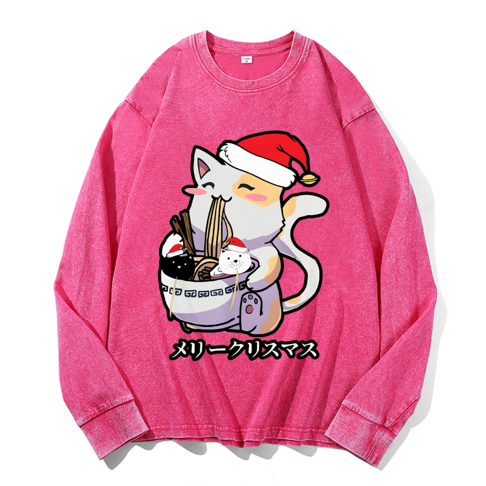 Christmas Cat Eating Ramen Vintage Cotton Wash Crewneck Long-Sleeve T-Shirt