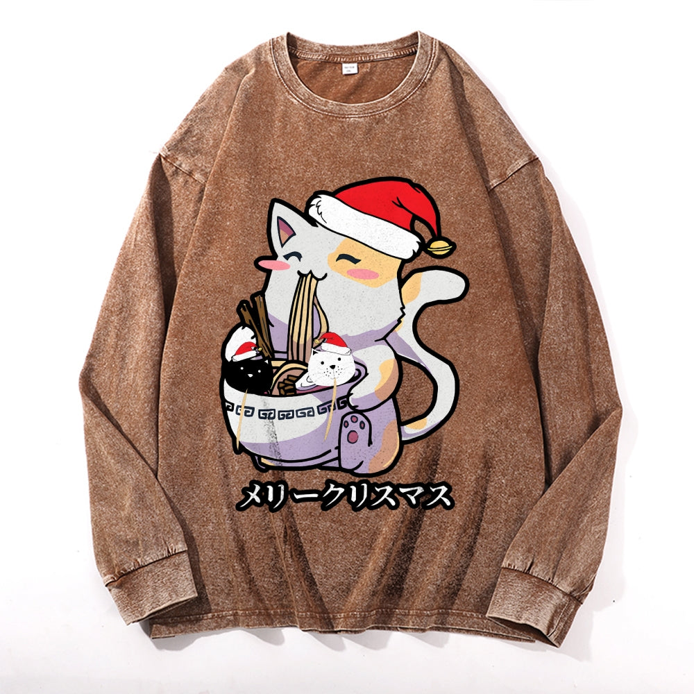 Christmas Cat Eating Ramen Vintage Cotton Wash Crewneck Long-Sleeve T-Shirt