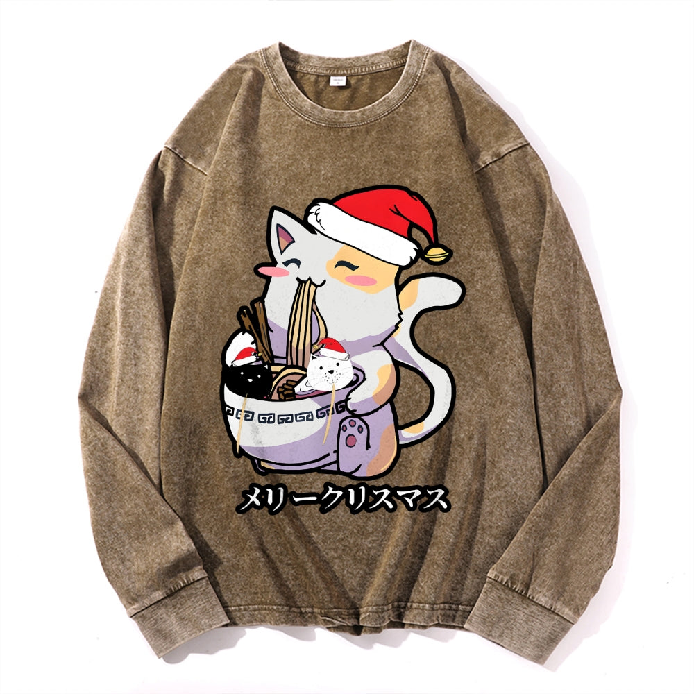Christmas Cat Eating Ramen Vintage Cotton Wash Crewneck Long-Sleeve T-Shirt