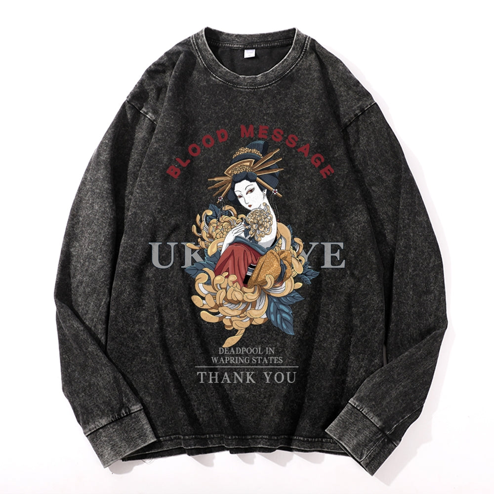 Ukiyo-e Geisha Vintage Cotton Wash Crewneck Long-Sleeve T-Shirt