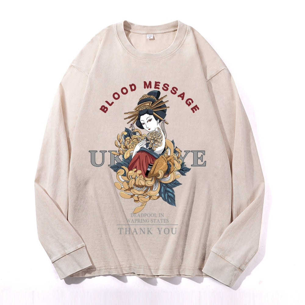 Ukiyo-e Geisha Vintage Cotton Wash Crewneck Long-Sleeve T-Shirt