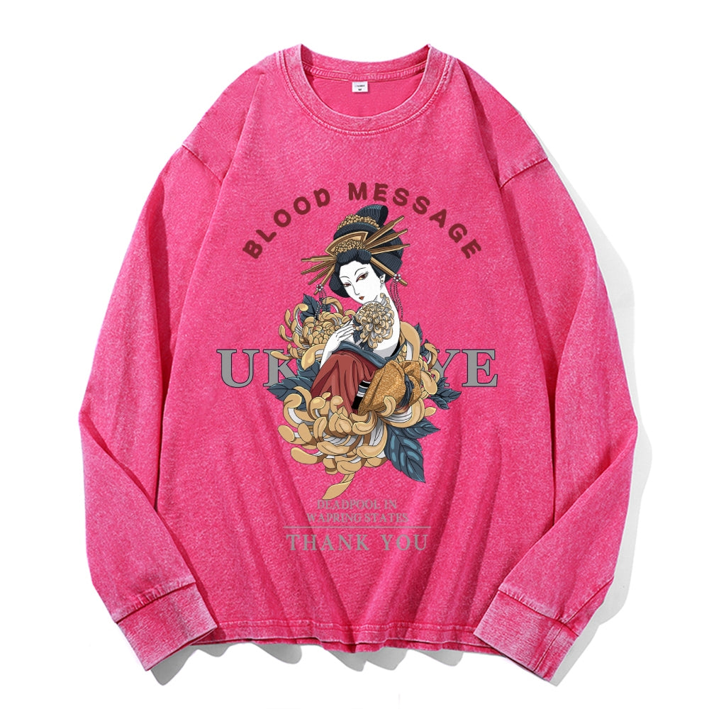 Ukiyo-e Geisha Vintage Cotton Wash Crewneck Long-Sleeve T-Shirt