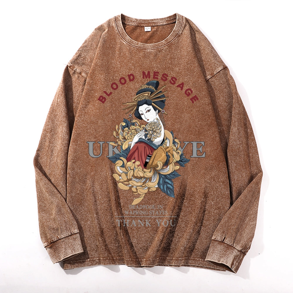 Ukiyo-e Geisha Vintage Cotton Wash Crewneck Long-Sleeve T-Shirt