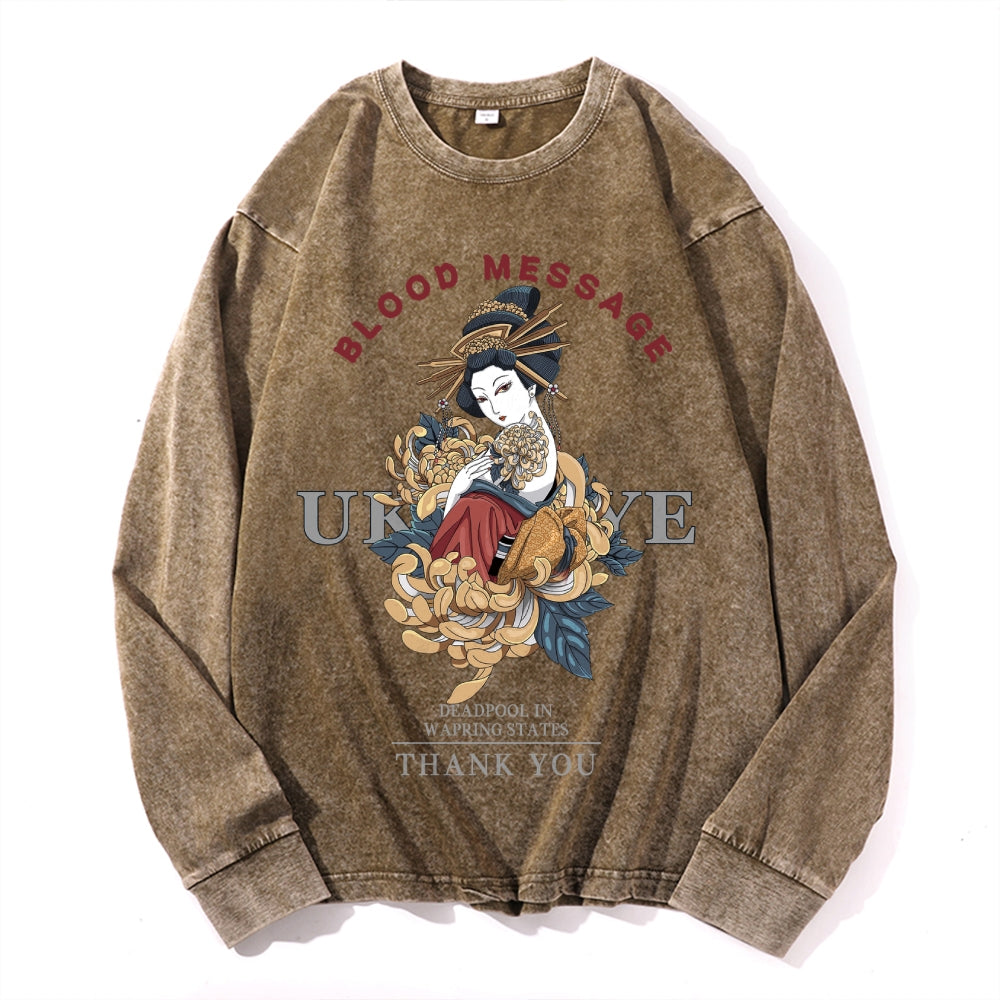 Ukiyo-e Geisha Vintage Cotton Wash Crewneck Long-Sleeve T-Shirt