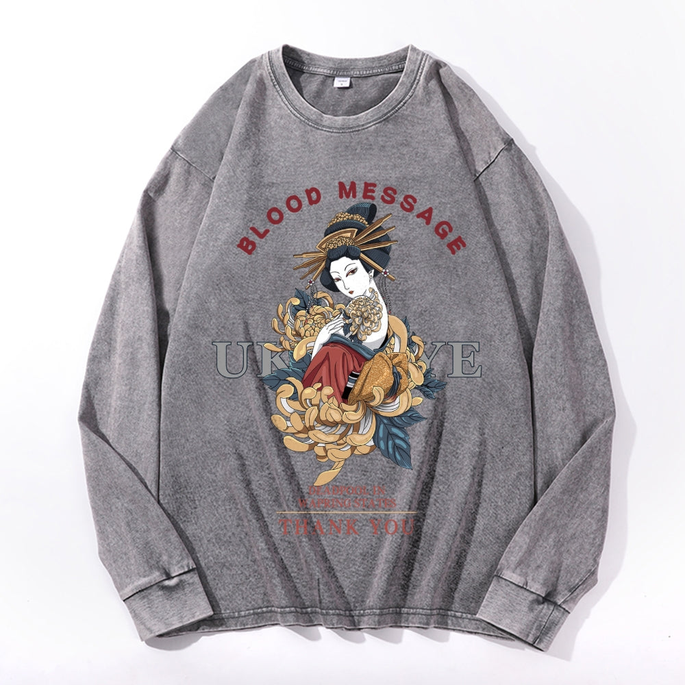 Ukiyo-e Geisha Vintage Cotton Wash Crewneck Long-Sleeve T-Shirt