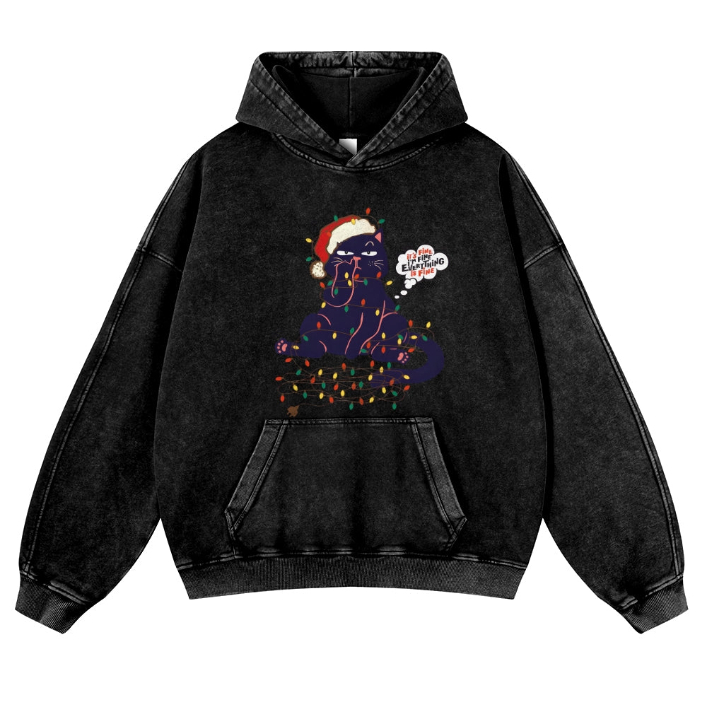 Christmas Cat Vintage Washed Thick Cotton Hoodie