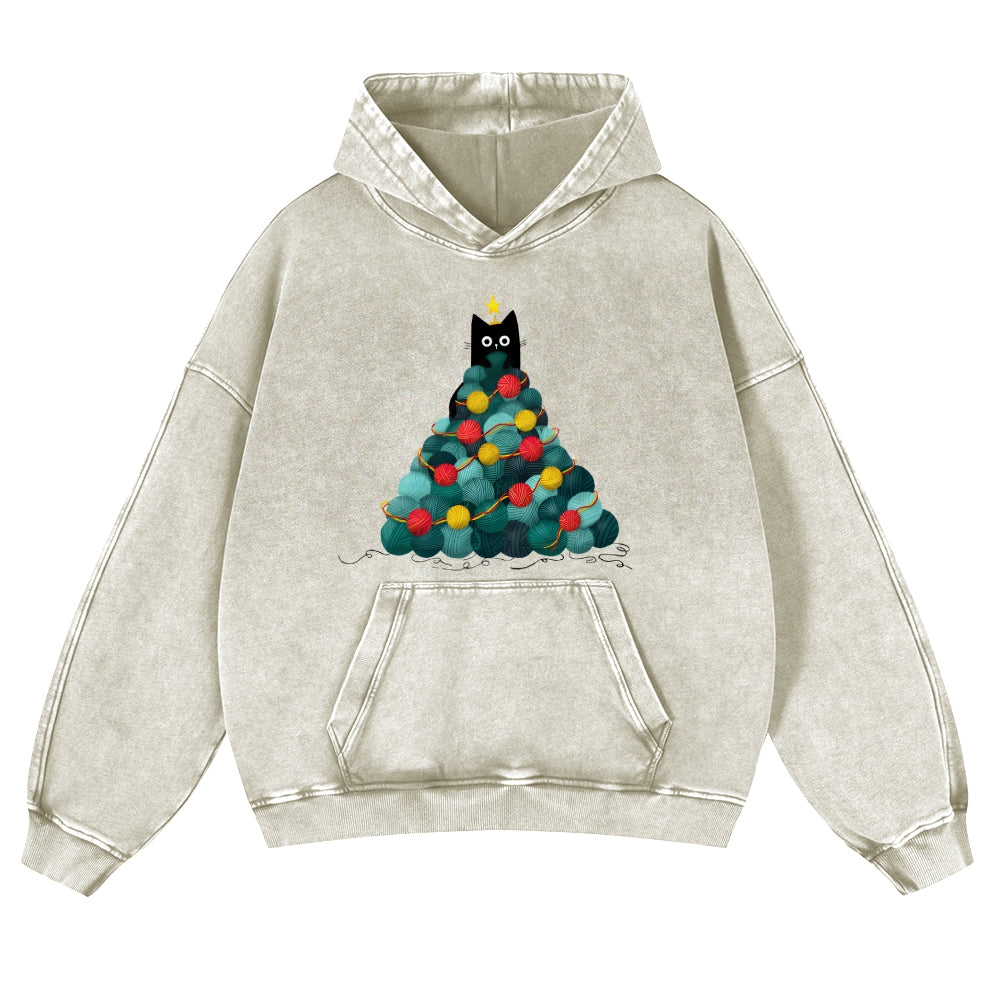 Christmas Yarn Cat Vintage Washed Thick Cotton Hoodie