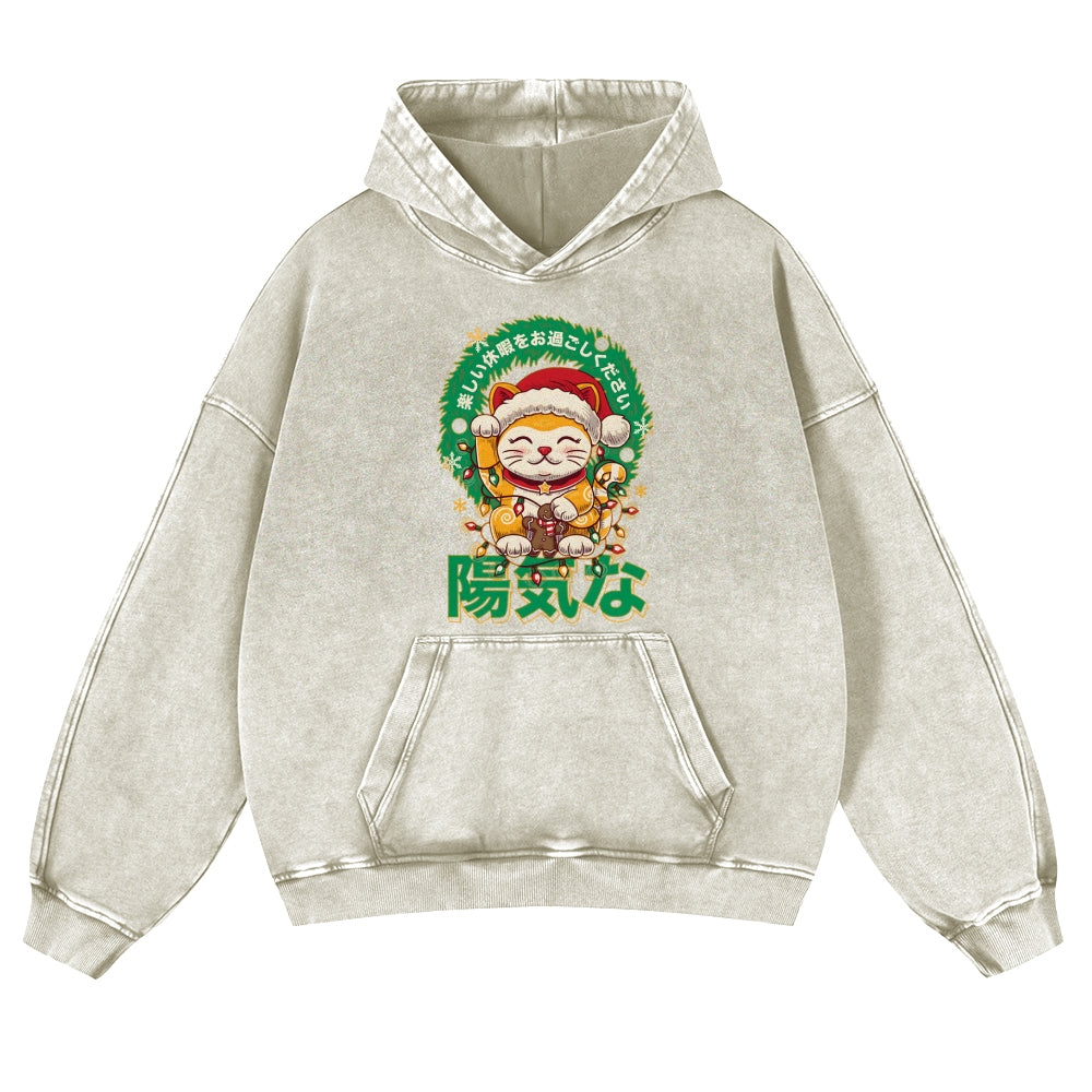 Christmas Lucky Cat Vintage Washed Thick Cotton Hoodie