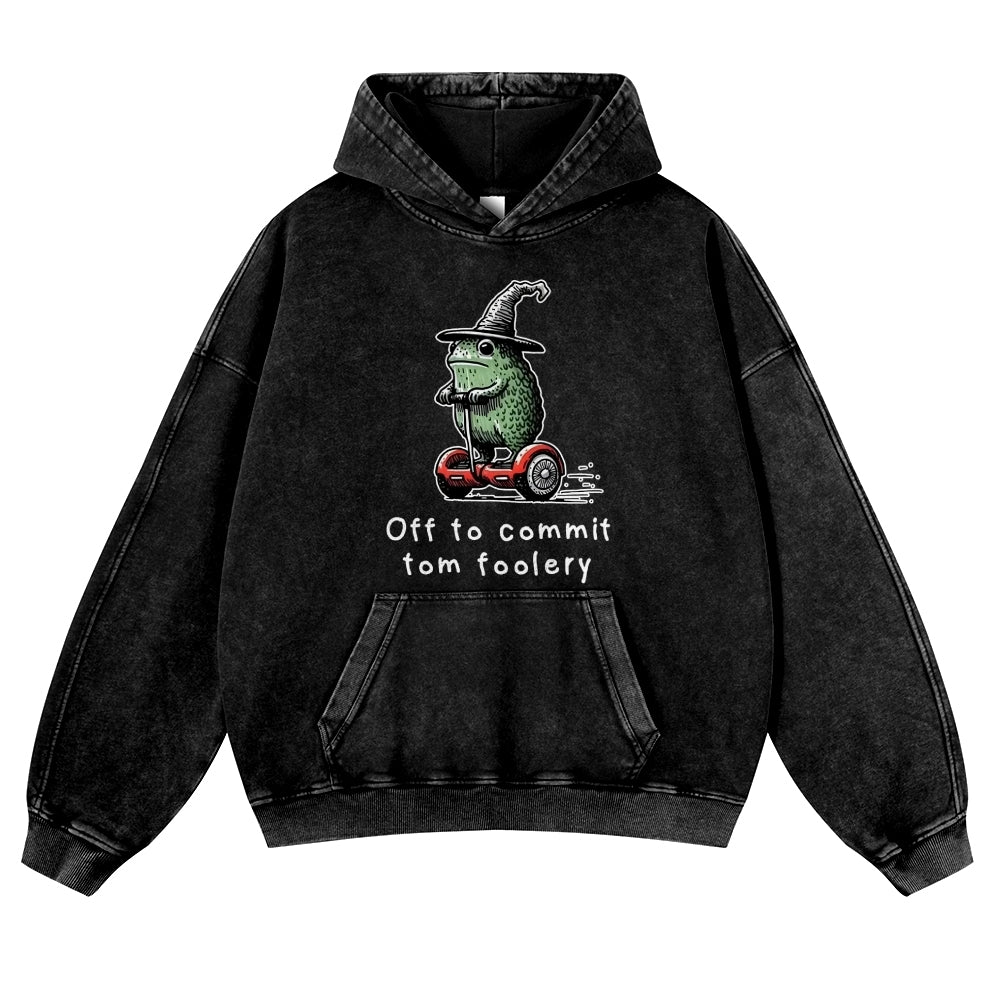 Frog Driving A Balance Car Vintage Washed Thick Cotton Hoodie