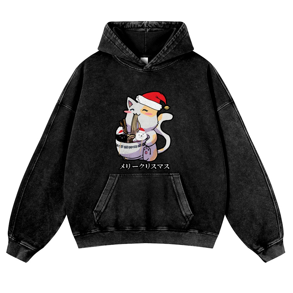 Christmas Cat Eating Ramen Vintage Washed Thick Cotton Hoodie