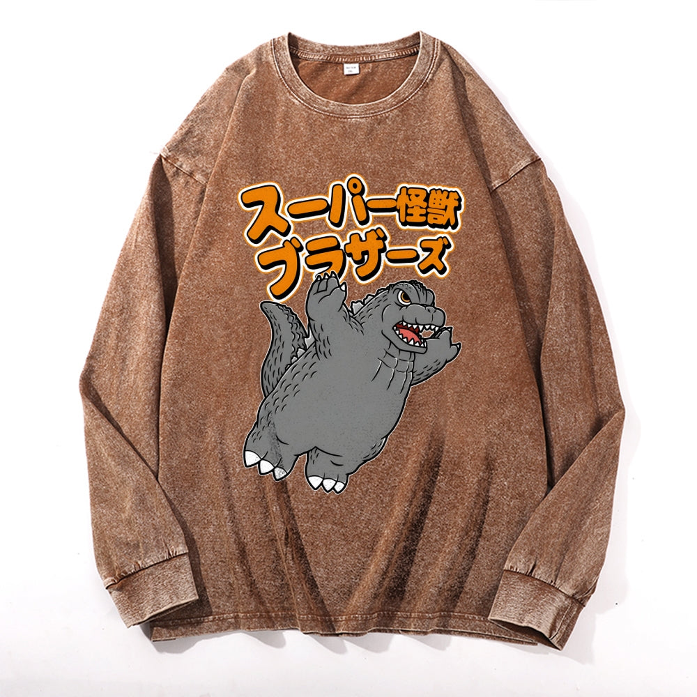 Kaiju Vintage Cotton Wash Crewneck Long-Sleeve T-Shirt