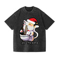 Christmas Cat Eating Ramen Vintage Wash Japanese Design T-Shirt