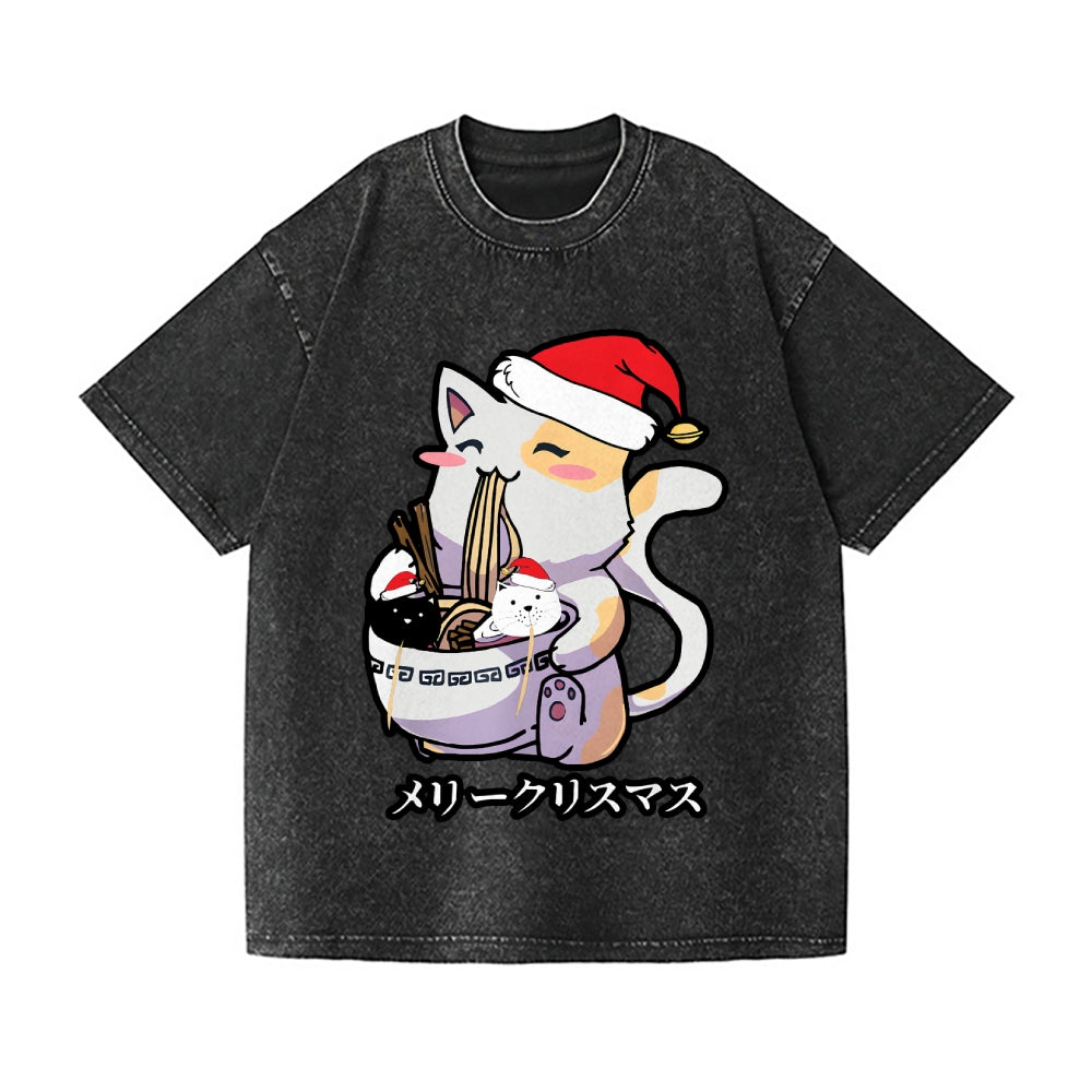 Christmas Cat Eating Ramen Vintage Wash Japanese Design T-Shirt