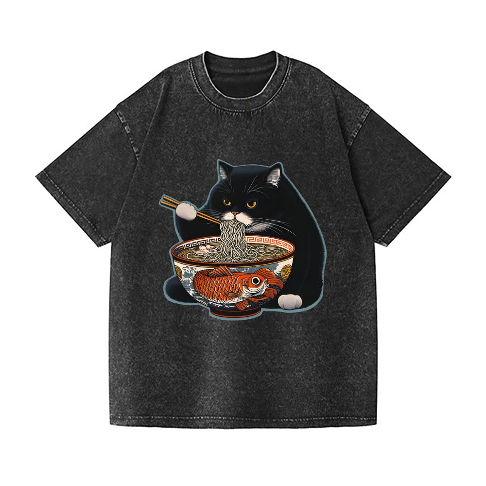 Fat Cat Eating Ramen Vintage Wash Japanese Design T-Shirt