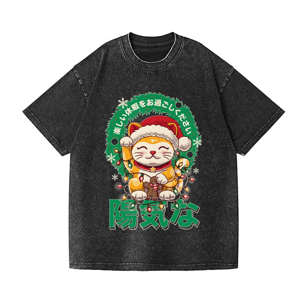 Christmas Lucky Cat Vintage Wash Japanese Design T-Shirt