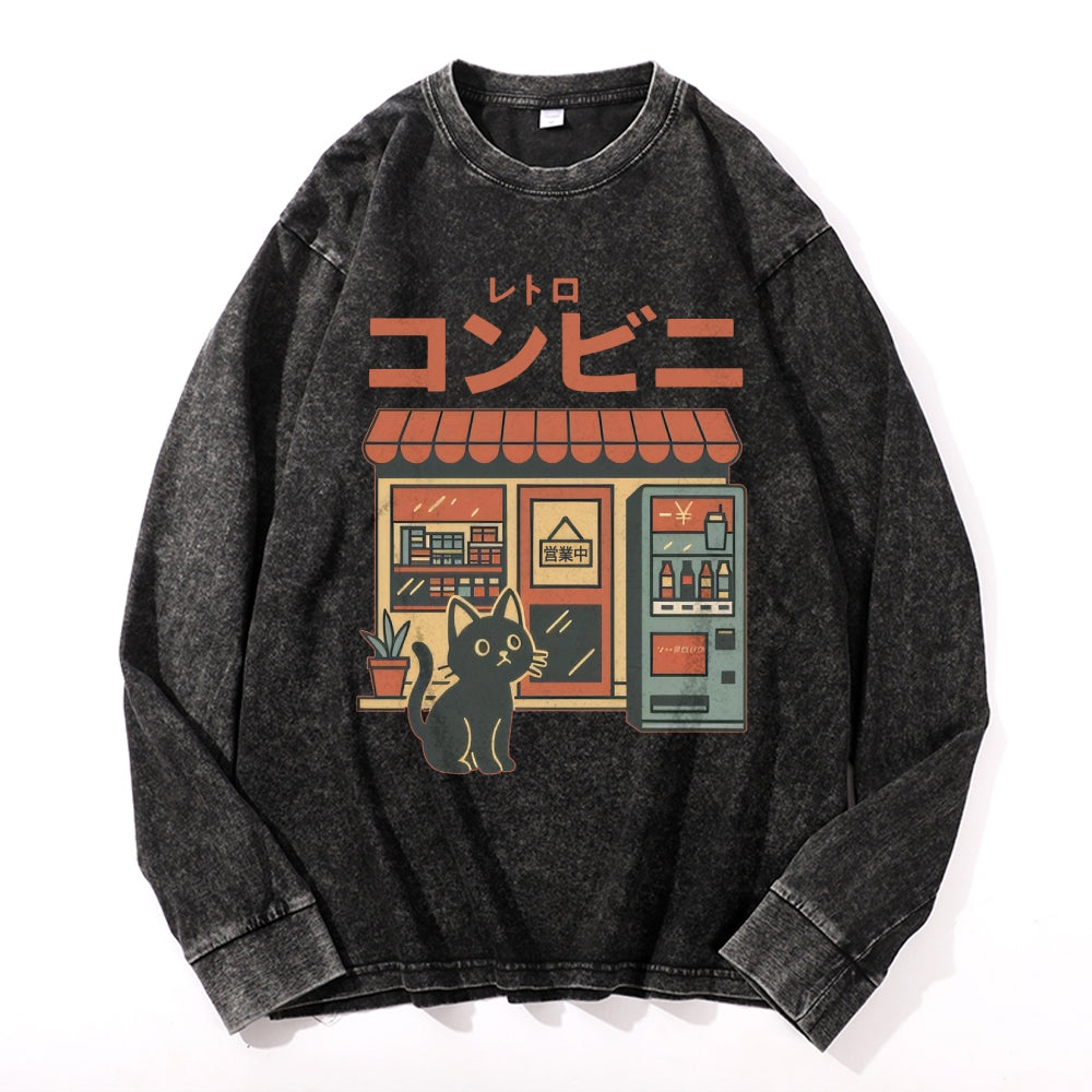 Cat Vintage Cotton Wash Crewneck Long-Sleeve T-Shirt