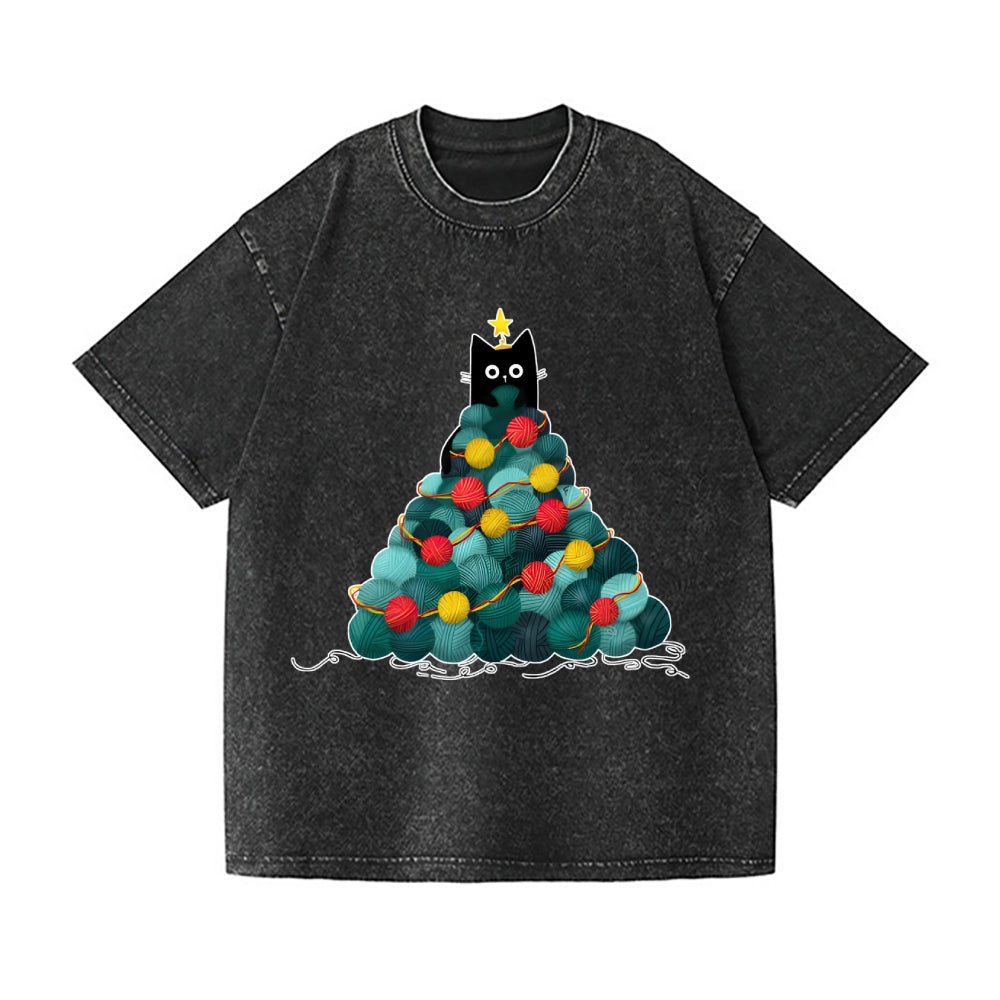 Christmas Yarn Cat Vintage Wash Japanese Design T-Shirt