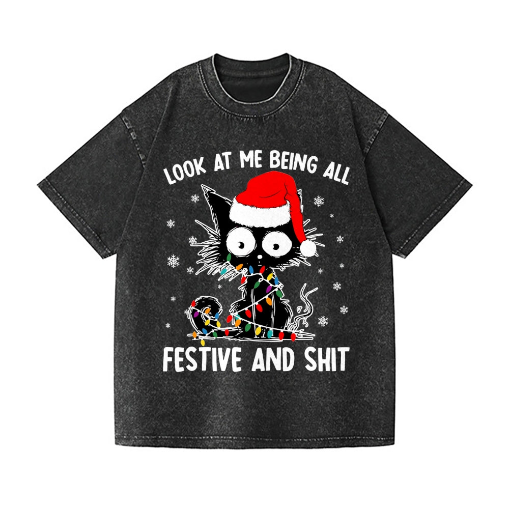 Christmas Cat Vintage Wash Japanese Design T-Shirt