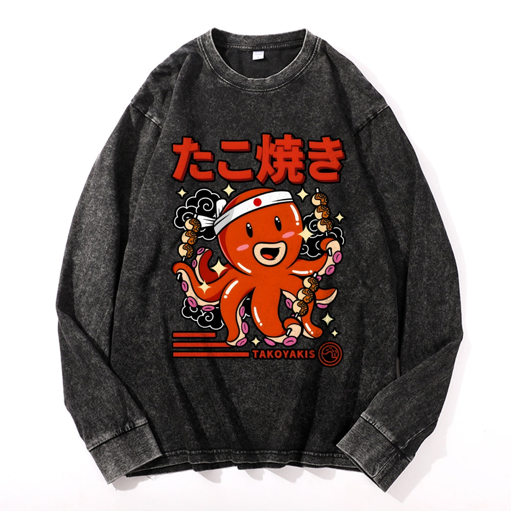Takoyaki Vintage Cotton Wash Crewneck Long-Sleeve T-Shirt