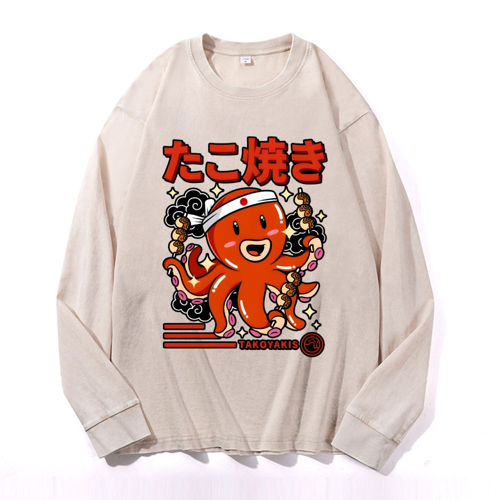 Takoyaki Vintage Cotton Wash Crewneck Long-Sleeve T-Shirt
