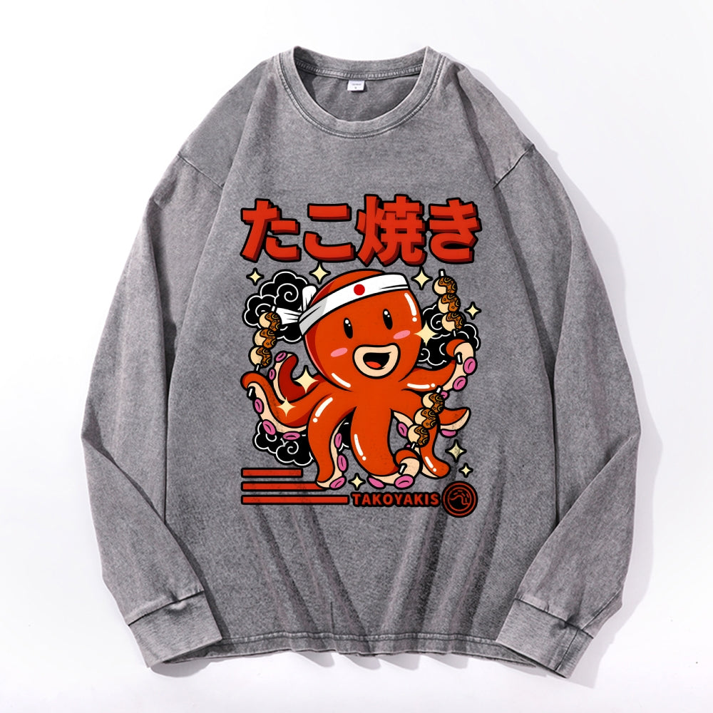 Takoyaki Vintage Cotton Wash Crewneck Long-Sleeve T-Shirt