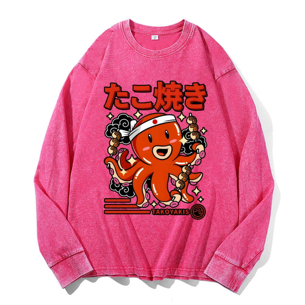 Takoyaki Vintage Cotton Wash Crewneck Long-Sleeve T-Shirt