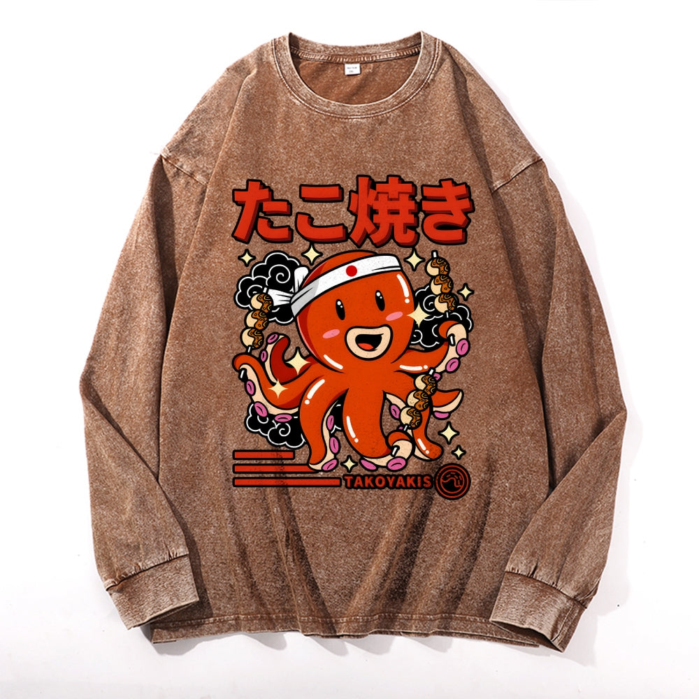 Takoyaki Vintage Cotton Wash Crewneck Long-Sleeve T-Shirt