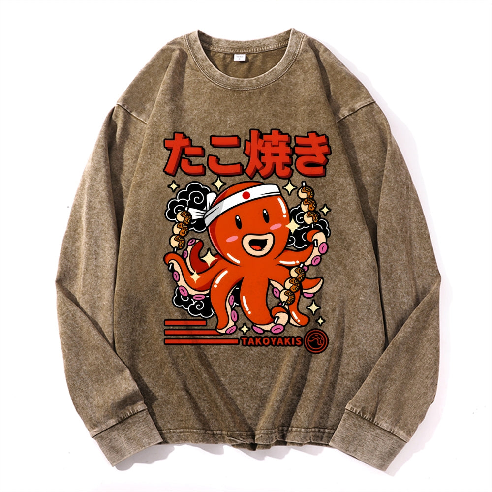 Takoyaki Vintage Cotton Wash Crewneck Long-Sleeve T-Shirt