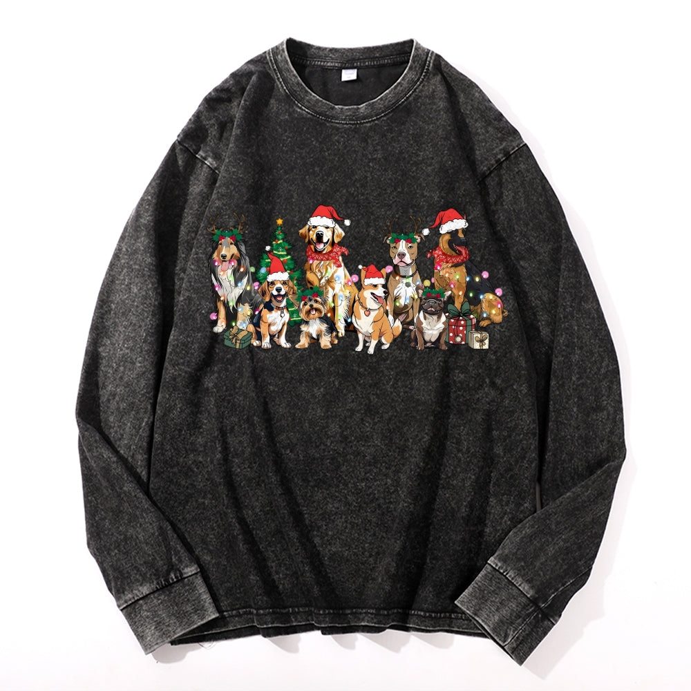 Christmas Puppy Tribe Vintage Cotton Wash Crewneck Long-Sleeve T-Shirt
