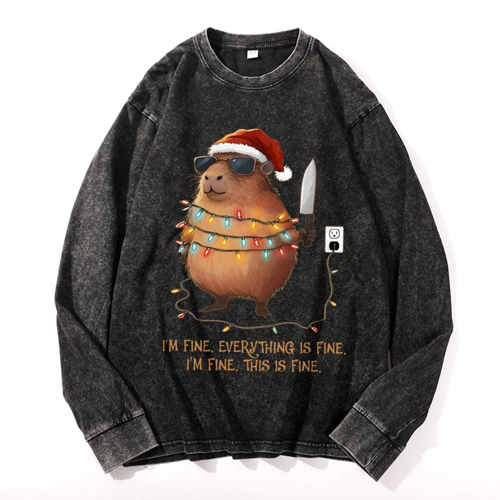 Capybara Christmas: I'm fine Vintage Cotton Wash Crewneck Long-Sleeve T-Shirt