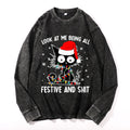 Christmas Cat Vintage Cotton Wash Crewneck Long-Sleeve T-Shirt